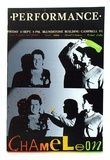 Artist: b'ARNOLD, Raymond' | Title: bPerformance, Chameleon Gallery, Hobart - Greg Kingston, Leigh Hobba, David O'Halloran, Michael Eather. | Date: 1985 | Technique: b'screenprint, printed in colour, from three stencils'