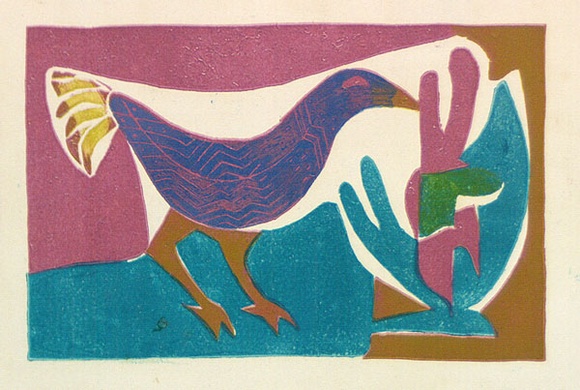 Artist: b'Brash, Barbara.' | Title: b'(Bird and plant).' | Date: c.1955 | Technique: b'linocut, printed in colour, from three blocks'