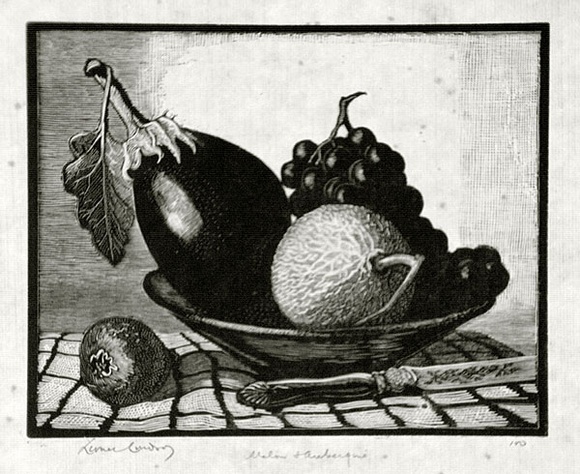 Artist: b'LINDSAY, Lionel' | Title: b'Melon and aubergine' | Date: 1936 | Technique: b'wood-engraving, printed in black ink, from one block' | Copyright: b'Courtesy of the National Library of Australia'