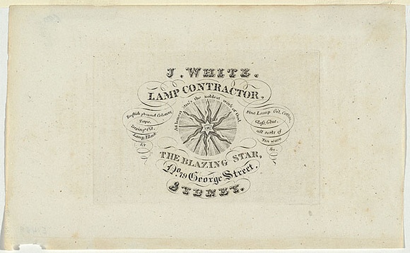 Artist: b'UNKNOWN ENGRAVER,' | Title: b'Trade card: J. White. Lamp contractor. The Blazing Star.' | Date: 1833 | Technique: b'engraving, printed in black ink, from one copper plate'