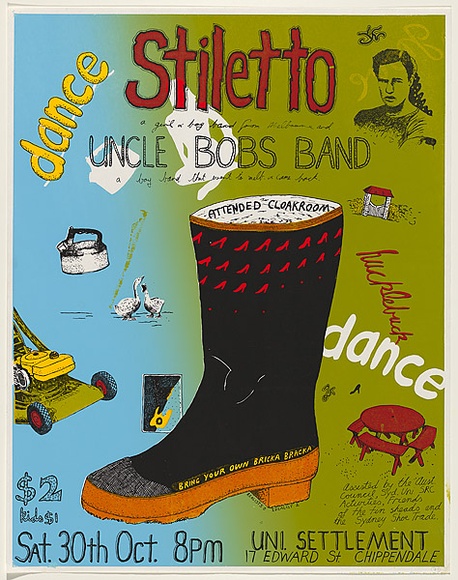 Artist: b'WORSTEAD, Paul' | Title: bStiletto, Uncle Bob's Band | Date: 1976 | Technique: b'screenprint, printed in colour, from four stencils' | Copyright: b'This work appears on screen courtesy of the artist'