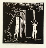 Artist: Wallace-Crabbe, Robin. | Title: not titled [V Diver plunges, Venus rises ... avec tree with fleshy leaves]. | Date: 1980 | Technique: linocut, printed in black ink, from one block | Copyright: © Robin Wallace-Crabbe, Licensed by VISCOPY, Australia
