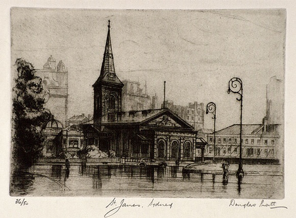 Artist: b'Pratt, Douglas.' | Title: b'St.James, Sydney' | Date: 1938 | Technique: b'etching, printed in brown ink, from one plate'