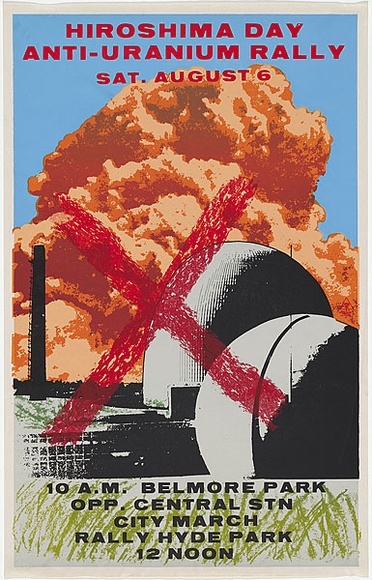 Artist: b'Robertson, Tom.' | Title: b'Hiroshima Day anti-uranium rally' | Date: 1977 | Technique: b'screenprint, printed in colour, from multiple stencils' | Copyright: b'\xc2\xa9 Toni Robertson'