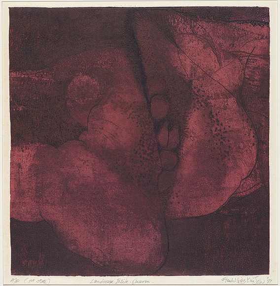 Artist: b'Hodgkinson, Frank.' | Title: b'Landscape inside...warm' | Date: 1971 | Technique: b'hard ground etching and deep etching, printed by the oil viscosity method, from one plate [red]'