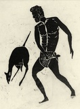 Artist: b'Artist unknown' | Title: b'Man and kangaroo' | Date: 1970s | Technique: b'woodcut, printed in black ink, from one block'