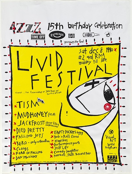 Artist: b'ACCESS 3' | Title: b'Livid Festival poster.' | Date: 1990 | Technique: b'screenprint, printed in yellow, red and black ink, from three stencils'