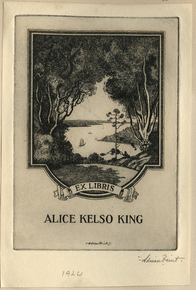 Artist: b'FEINT, Adrian' | Title: b'Bookplate: Alice Kelso King.' | Date: 1924 | Technique: b'etching, printed in black ink with plate-tone, from one plate' | Copyright: b'Courtesy the Estate of Adrian Feint'