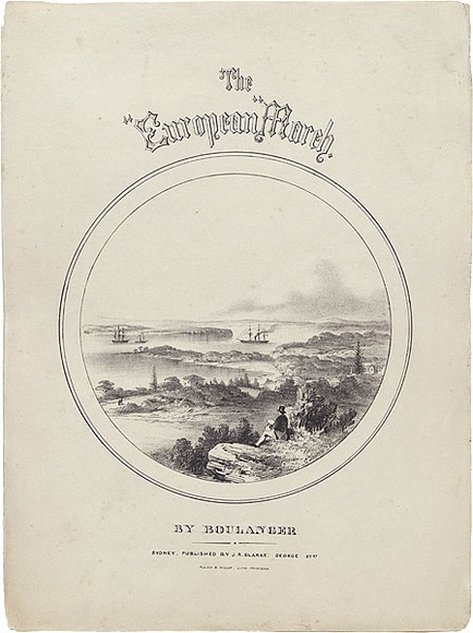 Artist: Boulanger, Edouard Desiree. | Title: The European march. [view of Sydney Heads and harbour.] | Date: (1857) | Technique: lithograph, printed in black ink, from one stone