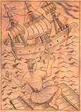 Artist: b'Rees, Ann Gillmore.' | Title: b'not titled [woman on liferaft, man jumping ship]' | Date: c.1950 | Technique: b'engraved copper plate'