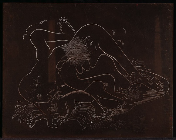 Artist: b'BOYD, Arthur' | Title: b'Plate 30: Jonah page 77. Death and Jonah talk.' | Date: 1972-73 | Technique: b'etched plate' | Copyright: b'This work appears on screen courtesy of Bundanon Trust'