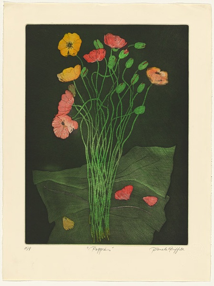 Artist: b'GRIFFITH, Pamela' | Title: b'Poppies' | Date: 1984 | Technique: b'hardground-etching, aquatint and burnishing, printed in colour, from three zinc plates' | Copyright: b'\xc2\xa9 Pamela Griffith'