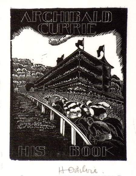 Artist: b'OGILVIE, Helen' | Title: b'Bookplate: Archibald Currie' | Date: c.1944 | Technique: b'wood-engraving, printed in black ink, from one block'