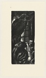 Artist: b'AMOR, Rick' | Title: b'not titled (large raven and cowering man 2).' | Date: (1990) | Technique: b'woodcut, printed in black ink, from one block'