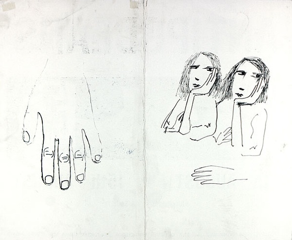 Artist: b'Blackman, Charles.' | Title: b'(a) Hand [verso] (b) Two girls [verso].' | Date: c.1959 | Technique: b'pen and ink'