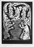 Artist: Allen, Joyce. | Title: (Wizard Agonis protecting Pai Korri and Winnie from Wizard Lambertia) (1st version). | Date: 1987 | Technique: linocut, printed in black ink, from one block