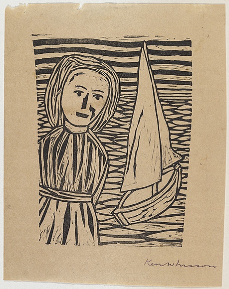 Artist: b'Whisson, Ken.' | Title: b'Girl and boat' | Date: 1952-53 | Technique: b'linocut, printed in black ink, from one block'