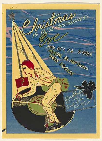 Artist: b'EARTHWORKS POSTER COLLECTIVE' | Title: b'Christmas is false consciousness Eve [1979]' | Date: 1979 | Technique: b'screenprint, printed in colour, from six stencils; additional glitter' | Copyright: b'\xc2\xa9 Marie McMahon. Licensed by VISCOPY, Australia'