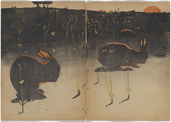 Artist: b'Teague, Violet.' | Title: b'not titled [four rabbits and grass] [part image]' | Date: 1905 | Technique: b'woodcut, printed in black ink in the Japanese manner, from two blocks'