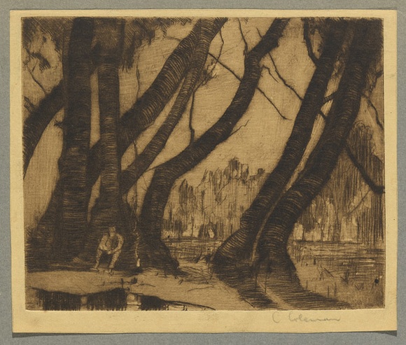 Artist: b'Coleman, Constance.' | Title: b'(Figure seated beneath trees).' | Date: c.1944 | Technique: b'etching and drypoint, printed in brown ink with plate-tone, from one plate'