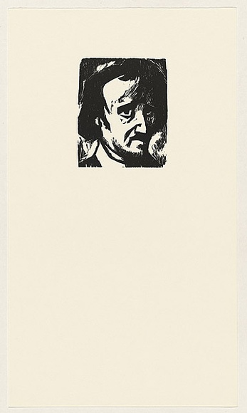 Artist: AMOR, Rick | Title: Not titled (worried male face 3). | Date: (1990) | Technique: woodcut, printed in black ink, from one block