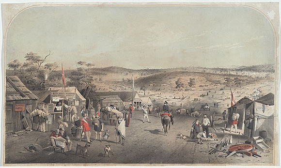 Artist: GILL, S.T. | Title: Forest Creek, Mount Alexander diggings from the base of Red Hill near Argus office looking towards Castlemaine July 1852. | Date: 1853 | Technique: lithograph, printed in colour, from multiple stones: additional hand- colouring