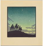Artist: b'Thorpe, Hall.' | Title: b'The wise men' | Date: c.1925 | Technique: b'woodcut, printed in colour, from multiple blocks'