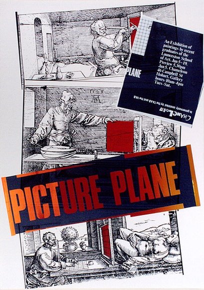 Artist: b'ARNOLD, Raymond' | Title: b'Picture plane. An exhibition of paintings by recent graduates of the Launceston School of Art.' | Date: 1985 | Technique: b'screenprint, printed in colour, from four stencils'