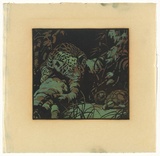 Artist: Nimmo, Lorna. | Title: One moonlight night on the banks of the turbid Amazon, Painted Jaguar found Stickly, Prickly Hedgehog and Slow and Solid Tortoise under the branch of a fallen tree | Date: 1939 | Technique: linocut, printed in five colour from three blocks,