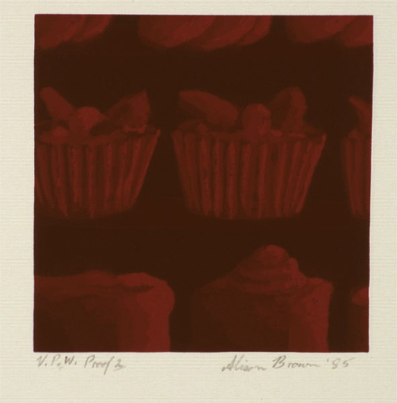 Artist: b'Brown, Alison.' | Title: b'not titled [red cup cakes]' | Date: 1985 | Technique: b'screenprint, printed in colour, from eight screens'