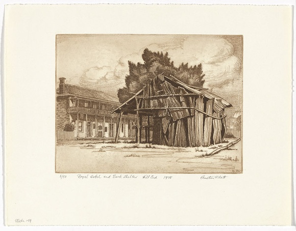 Artist: b'PLATT, Austin' | Title: b'Royal Hotel and bark shelter, Hill End' | Date: 1978 | Technique: b'etching, printed in black ink, from one plate'