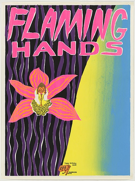 Artist: b'WORSTEAD, Paul' | Title: b'Flaming Hands - Summers of love.' | Date: 1981 | Technique: b'screenprint, printed in colour, from four stencils in  pink, orange, green, purple and blue inks' | Copyright: b'This work appears on screen courtesy of the artist'