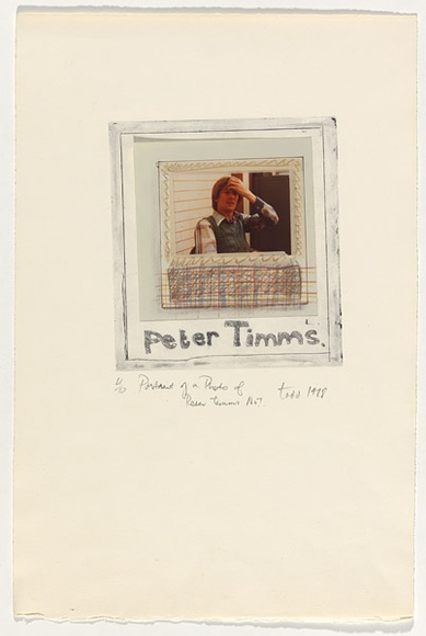 Artist: b'Todd, Geoff.' | Title: b'Portrait of a photo of Peter Timms number 7' | Date: 1978 | Technique: b'etching and collage' | Copyright: b'This work appears on screen courtesy of the artist and copyright holder'