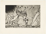 Artist: b'BOYD, Arthur' | Title: b'not titled [3 figures and upside down bull]' | Date: 1981 | Technique: b'etching and dry point, printed in black ink, from one plate' | Copyright: b'Reproduced with permission of Bundanon Trust'