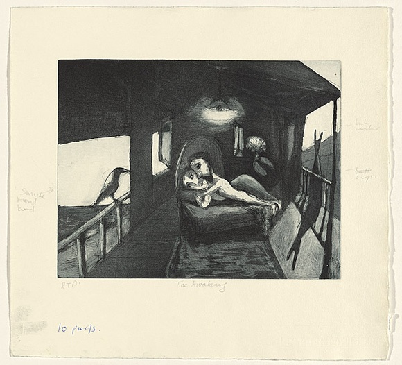 Artist: Shead, Garry. | Title: The awakening | Date: 1994-95 | Technique: etching and aquatint, printed in blue-black ink, from one plate | Copyright: © Garry Shead