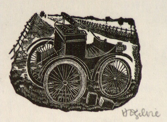 Artist: b'OGILVIE, Helen' | Title: b'not titled [Vintage automobile by roadside - a wood engraving used for an illustration on Page 86 of Flinders Lane, Recollect' | Date: (1947) | Technique: b'wood-engraving, printed in black ink, from one block'