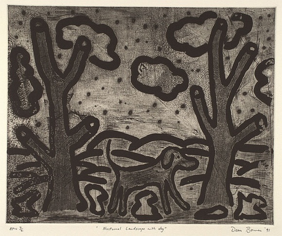 Artist: b'Bowen, Dean.' | Title: b'Nocturnal landscape with dog' | Date: 1991 | Technique: b'etching, printed in black ink, from one plate'