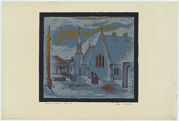 Artist: b'Sumner, Alan.' | Title: b'Church School, Carlton' | Date: 1948 | Technique: b'screenprint, printed in colour, from four stencils'