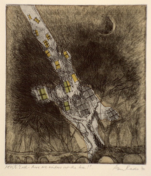 Artist: RADO, Ann | Title: Look - there are windows out the tree! | Date: 1992 | Technique: aquatint, printed in black ink, from one plate (handpainted with green and yellow watercolour)