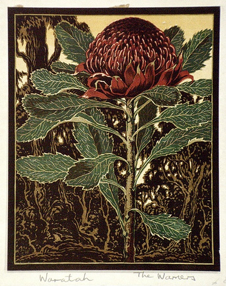 Artist: b'The Warners.' | Title: b'Waratah' | Date: c.1940 | Technique: b'linocut, printed in colour, from multiple blocks'