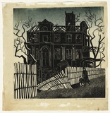 Artist: Thorpe, Lesbia. | Title: The dead house | Technique: linocut, printed in colour, from two blocks