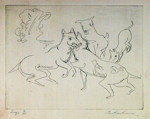 Artist: b'Armstrong, Ian.' | Title: b'Dogs.' | Date: 1950s | Technique: b'etching, printed in black ink, from one  plate'