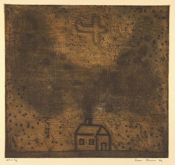 Artist: b'Bowen, Dean.' | Title: b'(Small house)' | Date: 1992 | Technique: b'etching, printed in ochre and black ink, from two plates'