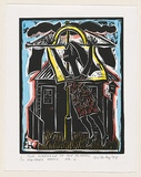 Artist: b'Sibley, Andrew.' | Title: b'The madonna of the rotary clothes hoist no. 2' | Date: 1999 | Technique: b'linocut, printed in black ink, from one block; hand-coloured'