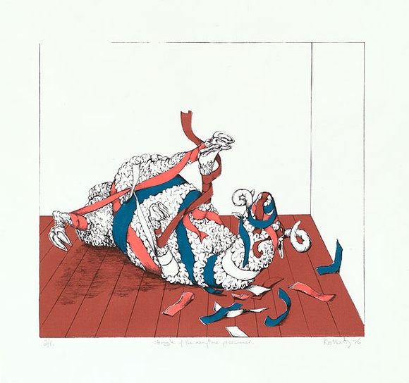 Artist: b'Kossatz, Les.' | Title: b'Struggle of the many time prize winner' | Date: 1976 | Technique: b'lithograph, printed in colour, from multiple plates; screenprint' | Copyright: b'\xc2\xa9 Les Kossatz. Licensed by VISCOPY, Australia'