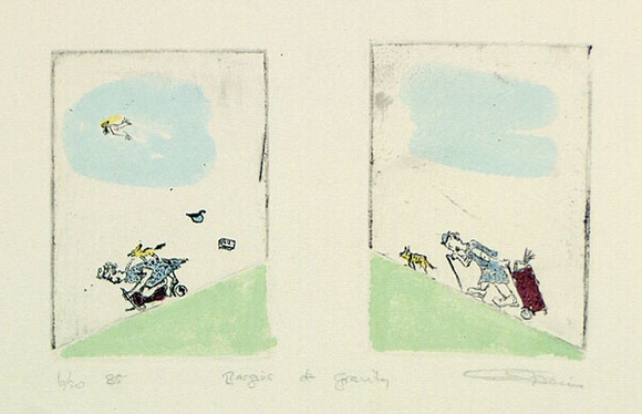 Artist: b'Speirs, Andrew.' | Title: b'Bargains of gravity' | Date: 1985 | Technique: b'etching, foul biting printed in black ink, from one  plate, hand-coloured'