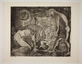 Artist: Haxton, Elaine | Title: Death of minotaur | Date: 1967 | Technique: open-bite etching and aquatint, printed in black ink, from ine plate
