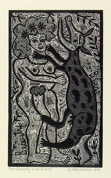 Artist: b'HANRAHAN, Barbara' | Title: b'Beauty and beast' | Date: 1977 | Technique: b'wood-engraving, printed in black ink, from one block'