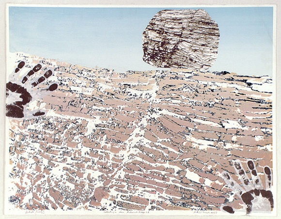 Artist: b'WICKS, Arthur' | Title: b'Collecting a stone, Alchemists Ridge' | Date: 1983 | Technique: b'photo-screenprint, printed in black ink, from one stencil'