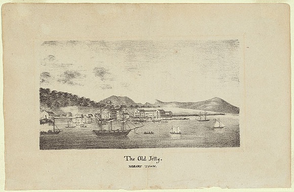 Artist: b'Bock, Thomas.' | Title: b'The old jetty, Hobart Town.' | Date: (1833) | Technique: b'chalk-lithograph, printed in black ink, from one stone'
